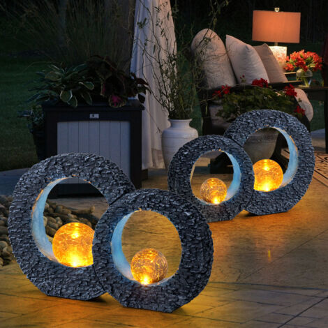 Gartendeko Solarleuchte Balkonbeleuchtung Solar Dekoleuchte Skulptur Solar Leuchte Terrassen Deko, mit Feuereffekt Glaskugel, Stein Optik grau blau, 1xLED, LxH 36 x 24,5 cm, 2er Set