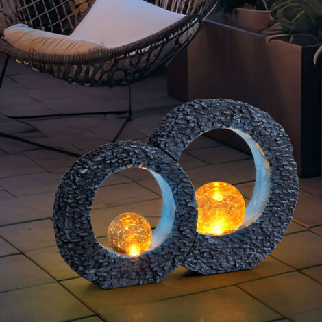 Gartendeko Solarleuchte Balkonbeleuchtung Solar Dekoleuchte Skulptur Solar Leuchte Terrassen Deko, mit Feuereffekt Glaskugel, Stein Optik grau blau, 1xLED, LxH 36 x 24,5 cm, 2er Set