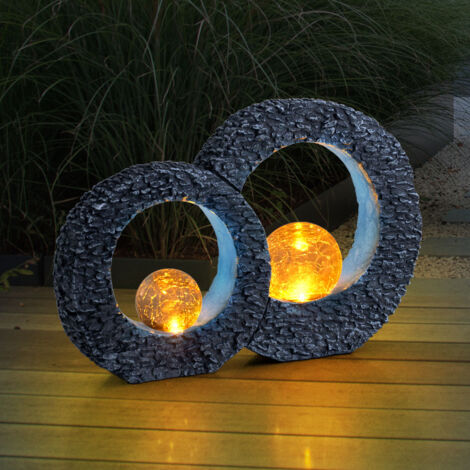 Gartendeko Solarleuchte Balkonbeleuchtung Solar Dekoleuchte Skulptur Solar Leuchte Terrassen Deko, mit Feuereffekt Glaskugel, Stein Optik grau blau, 1xLED, LxH 36 x 24,5 cm, 2er Set