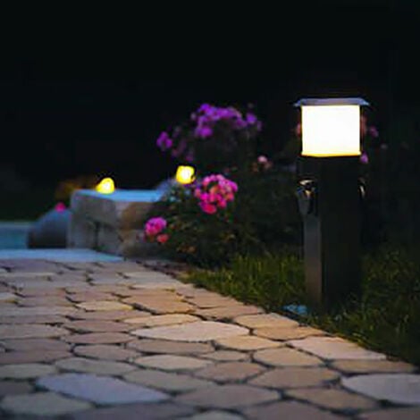 Stehleuchte mit Steckdosen Außenlampe Steckdosen Energieverteiler mit  Beleuchtung, Edelstahl opal, 1x LED 1,1W 90Lm warmweiß, LxBxH 15,5x15x40 cm