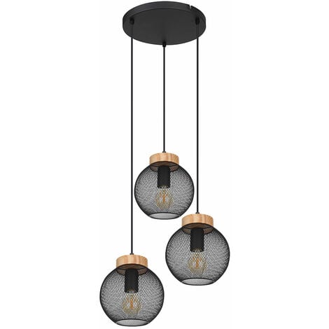 Pendelleuchte Deckenlampe hängend Vintage E27 3 Holz flammig, schwarz braun, DxH 3x Metall Hängeleuchte Fassungen, Industrial