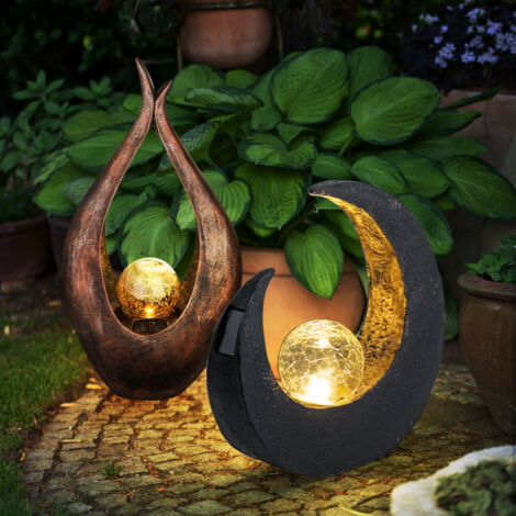 Solarlampe Gartendeko Skulptur LED Außenlampe Mondsichel Solarleuchte Garten, Glaskugel Crackle, 2er Set