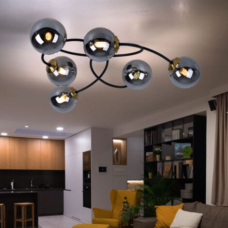 Industrielle LED Deckenleuchte Mit 4 Glaskugeln | Schwarz, 61x61 Cm, Dimmbar, Warmweiß