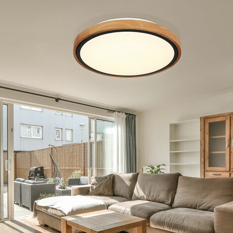 Deckenleuchte Wohnzimmerlampe Holzleuchte, Landhaus, CCT, Metall Holz, schwarz opal, rund, 1x LED 12W 530lm warmweiß-tageslichtweiß, DxH 30,7x9 cm