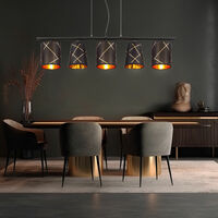 Hängelampe Pendelleuchte Esstisch schwarz gold 5 flammig Esszimmerlampe E14 Wohnzimmerlampe hängend modern, mit goldenen Dekorlinien, 5x E14, LxH 90x140 cm