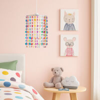 Hängelampe Pendelleuchte Pendellampe Kinderleuchte Mädchen Spielzimmer, Metall Textil Kristalle bunt, 1x E27 Fassung, DxH 22,5x136cm