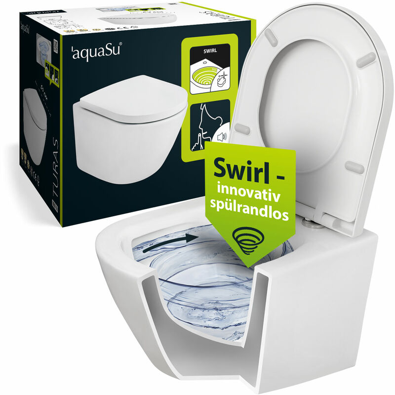 Umweltfreundlich 04996 Spülrandlos seitlich innovative mit & Spültechnik Wasserzulauf Turas aquaSu® Weiß Spritzfrei leise 2 Swirl Absenkautomatik Wand-WC Duroplast WC-Set WC-Sitz 2.0