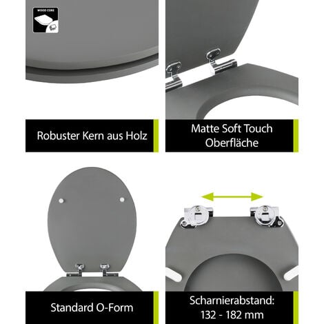 aquaSu® WC-Sitz mit Absenkautomatik Toilettensitz grau in Metallscharnier Holzkern Universale Stabiler Toilettendeckel Soft-Touch