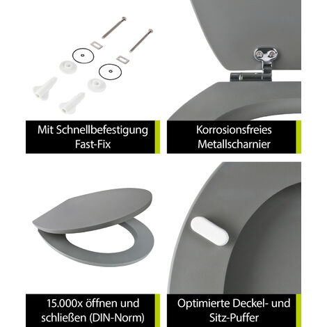 aquaSu® WC-Sitz Universale Stabiler mit grau in Holzkern Toilettendeckel Soft-Touch Metallscharnier Toilettensitz Absenkautomatik