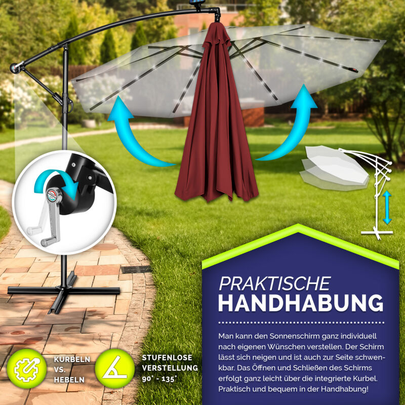 Jardin terrasse Kingsleeve Parasol déporté en Aluminium Ø3,3m Rouge Mali éclairage 32 LED Lampe Solaire Protection Soleil manivelle Balcon 