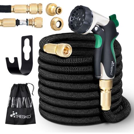 Tresko – Tuyau d'arrosage flexible et extensible 30m – Anti-vrille – Adapté jusqu'à 10 bar – Tissu polyester 3750D – Support mural inclus