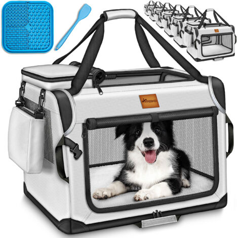 TRESKO Cage pliable grise (L 70 x 52 x 52 cm) avec tapis à lécher, spatule et réflecteurs Cage de transport pour chiens et chats Cage de transport pour petits et grands chiens Cage de transport rob (1/5)