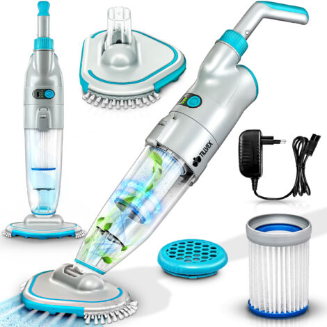 Tillvex – Aspirateur de piscine sans fil jusqu'à 15 m³ – Système à 2 vitesses – Double filtration – Tête d'aspiration extra-large – Autonomie 60 min