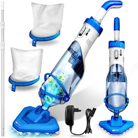 tillvex Aspirateur de piscine bleu/blanc avec batterie et perche télescopique + filtre de rechange jusqu'à 15 m³ Aspirateur de piscine électrique Robot de piscine avec filtre et autonomie de 60 min