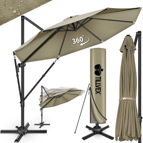 tillvex Parasol haut de gamme en aluminium 330 cm marron + housse et pare-vent Parasol déporté 6 positions avec manivelle Parasol de jardin rotatif, inclinable et inclinable à 360° Grand parasol à (1/5)