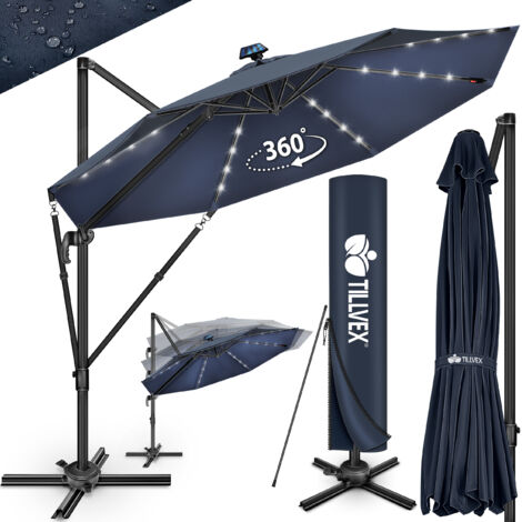 tillvex Parasol haut de gamme en aluminium 330 cm bleu marine + housse et pare-vent Parasol déporté 6 positions avec manivelle Parasol de jardin pivotant et inclinable à 360° Parasol à manivelle gr (1/5)