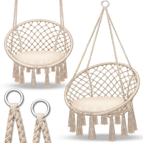 tillvex Fauteuil suspendu beige 200 kg Fauteuil suspendu intérieur et extérieur Panier suspendu résistant aux intempéries Panier suspendu avec coussin