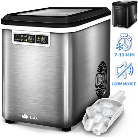 tillvex Machine à glaçons Argent en inox 12 kg - 24 h  Préparation de glaçons réservoir 2,2 litres  Ice Maker écran LED et nettoyage automatique  2 tailles de glaçons