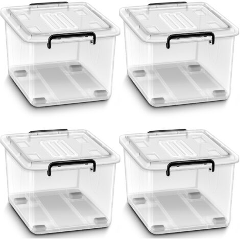 tillvex Cajas de almacenaje con tapa, juego de 4 - 24 L, aptas para alimentos Juego de cajas de plástico apilables Caja de almacenamiento grande Caja transparente para ropa, material 100 % nuevo (1/5)