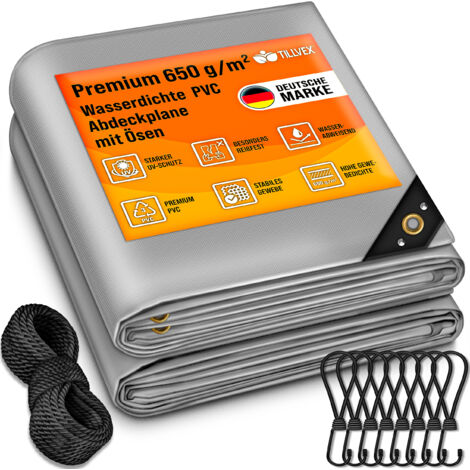 tillvex Lona gris de 3 x 6 m con ojales + 10 ganchos y cuerda de 15 m  Lona de tela de 650 g/m² impermeable y resistente al desgarro  Lona de PVC premium universal para camiones, piscinas y muebles de