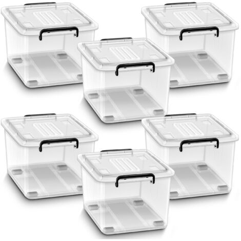 tillvex Cajas de almacenaje con tapa, juego de 6 - 88 L, aptas para alimentos  Juego de cajas de plástico apilables  Caja de almacenamiento grande  Caja transparente para ropa, material 100 % nuevo