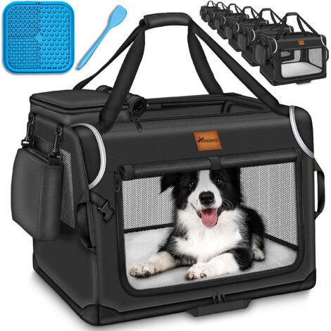 TRESKO Transportín plegable para perros, negro (XXL 92 x 63 x 63 cm), incluye alfombrilla para lamer, espátula y reflectores Transportín para perros y gatos Transportín para perros pequeños y grande (1/5)