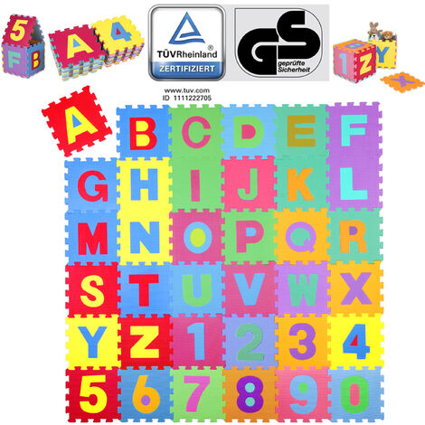 Suelo para niños puzle 31,5x31,5x1cms de goma Eva Letras,números. Pack 36  piezas Letras y números