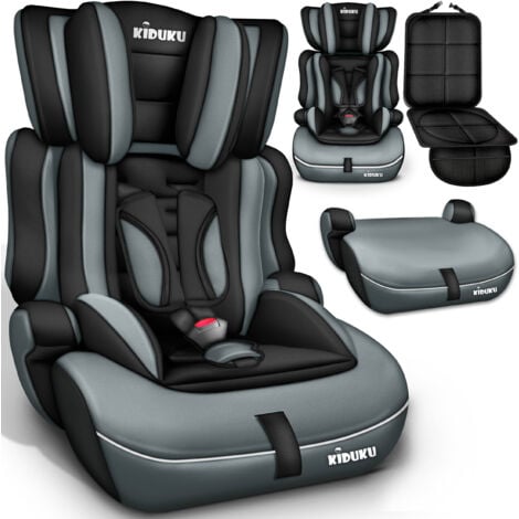 KIDUKU® Silla de coche, crece con el niño, 9 kg-36 kg (1-12 años), Grupo 1/2/3 (Negro / Gris)