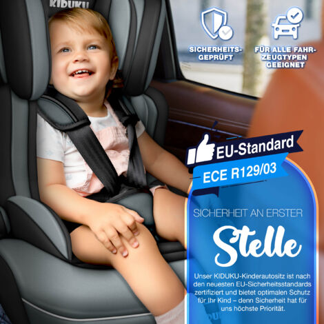 KIDUKU® Silla de coche, crece con el niño, 9 kg-36 kg (1-12 años), Grupo 1/2/3 (Negro / Gris)