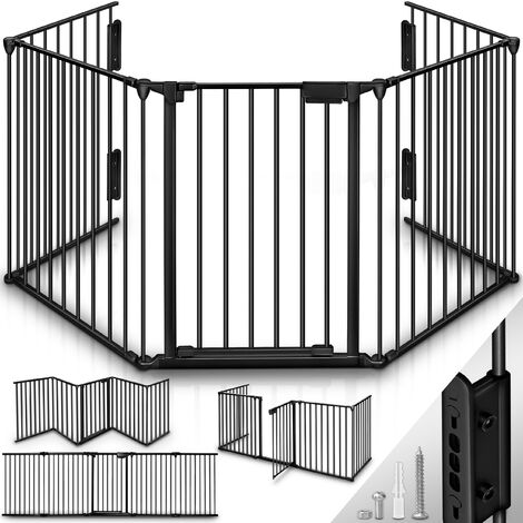 KIDUKU® Barrera de Seguridad 300 cm para y Mascotas Reja de Protección de Metal Premontado Rejilla Metálica Plegable con Puerta 5 Paneles