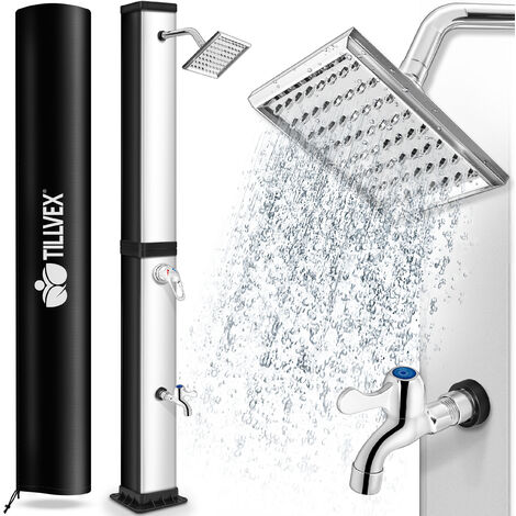 tillvex Ducha de Jardín 40 litros Negro/Plata Cubierta protectora incluida Ducha Solar con Agua Caliente Sin Conexión Eléctrica Cabezal de Ducha de Lluvia y Grifo Conexión de Manguera de Jardín (1/5)