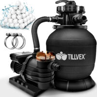 tillvex Depuradora de Agua para Piscina negro13.200L/h hasta 40.000L + 1200g Bolas de Filtro - 7 Funciones de Filtrado - Bomba de Filtro de Arena con Válvula