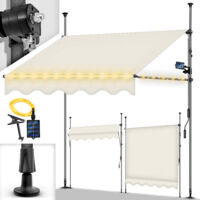 tillvex Toldo de abrazadera de 400 cm color arena con LED solar y manivela para balcón Toldo para balcón sin taladrar Toldo resistente a los rayos UV y regulable en altura Protección solar impermea