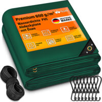 tillvex Lona verde de 5 x 9 m con ojales + 10 ganchos y 15 m de cuerda Lona de tela de 650 g/m² impermeable y resistente al desgarro Lona de PVC premium universal para camiones, piscinas y muebles d
