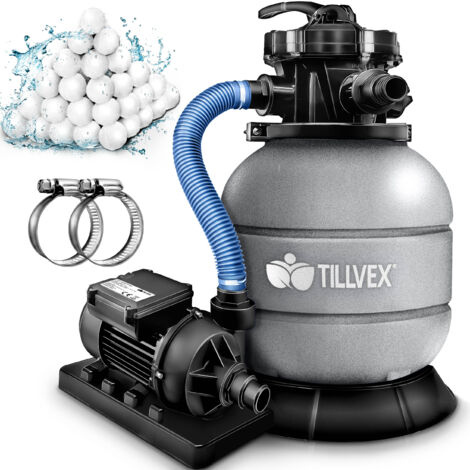 tillvex Sistema di filtraggio a sabbia per piscine 7.900 l/h incluse sfere filtranti da 400 g, grigio Sistema di filtraggio con valvola a 7 vie e adattatore 2 in 1 Ø32 mm - 38 mm Filtro per piscina