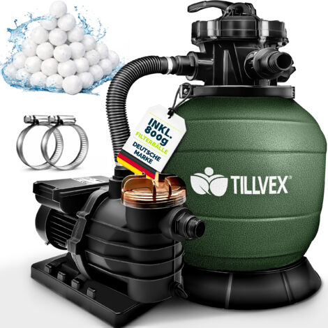 tillvex Pompa Filtro Piscina Portata 10 m³/h con 800g Filtro Balls - 7 funzioni di filtrazione - Filtro per piscina con indicatore di pressione - Impianto di filtrazione a sabbia per piscine e vasche