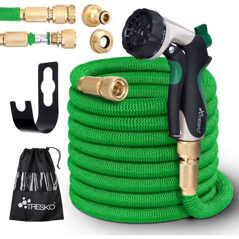 TRESKO Magic Water Tubo per irrigazione da Giardino e Terrazzo Orto Estensibile + Raccordo in Ottone Verde 30m