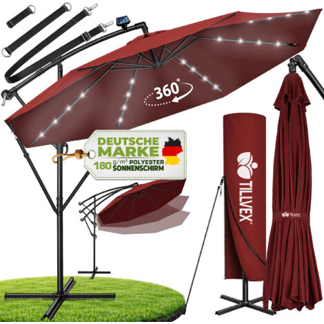 Ombrellone Da Giardino In Alluminio Con Manovella E Luci LED, 350 Cm, Antivento, Impermeabile, Protezione UV, Rosso