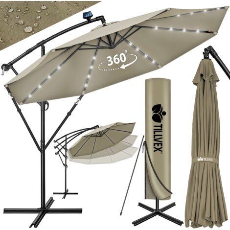 tillvex Ombrellone in alluminio (Marrone) con LED Solar Ø 300 cm con manovella Ombrellone con interruttore on/off e base Ombrellone da giardino in alluminio con protezione UV Ombrellone a manovell
