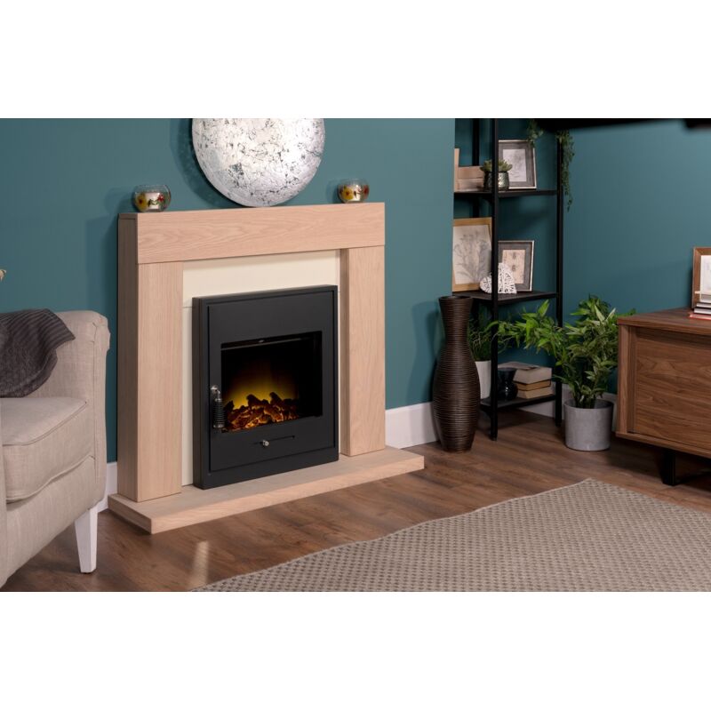 Adam Malmo Fireplace in Oak u0026 Cream with Oslo Electric Inset Stove in  Black, 39 Inch