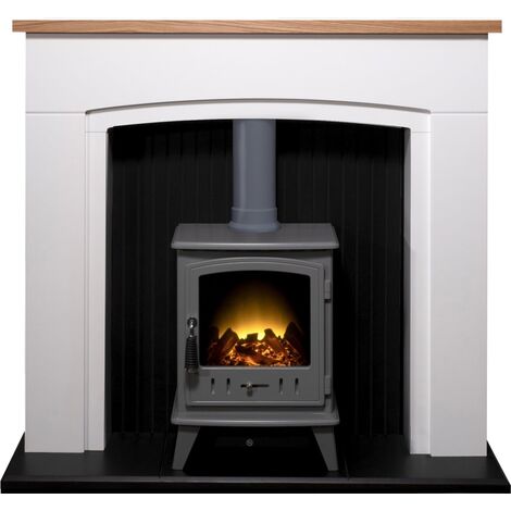 Adam Siena Stove Fireplace in Pure White with Aviemore Electric Stove in Grey Enamel, 48 Inch