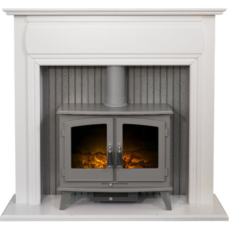 Adam Florence Stove Fireplace in Pure White with Woodhouse Electric Stove  in Grey, 48 Inch