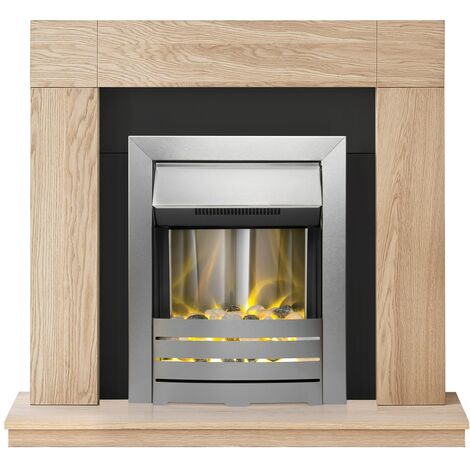 Adam Malmo Fireplace in Oak & Black with Helios Electric Fire in Brushed Steel, 39 Inch