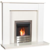 Adam Buxton Pure White & White Marble Fireplace with Colorado Bio Ethanol Fire in Brushed Steel, 48 Inch