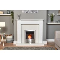 Adam Buxton Pure White & White Marble Fireplace with Colorado Bio Ethanol Fire in Brushed Steel, 48 Inch