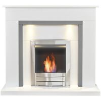 Adam Genoa Fireplace in Pure White & Grey with Downlights & Colorado Bio Ethanol Fire in Brushed Steel, 48 Inch