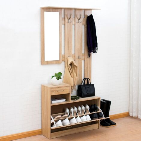 Cherry Tree Furniture Oak Colour Hall Coat Stand Shoe Storage Unit With Floating Hanging Rack Mirror Cherry Tree Furniture Oak Colour Hall, Cherry Coat Rack Standard
