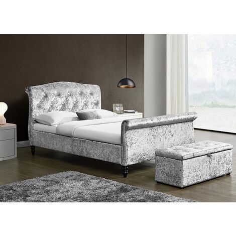Cherry Tree Furniture MEISSA Silver Grey Crushed Velvet Sleigh Bed Frame with Curved Diamante Headboard & Footboard (4FT6 Double)