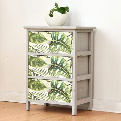 Cherry Tree Furniture Paulownia Solid Wood Washed Grey Chest of Drawers with Tropical Green Leaves Pattern (3-Drawer)