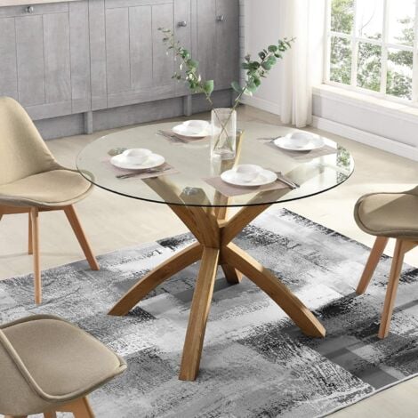 Solid Oak Legs Dining Table, 80cm Round Glass Dining Table And Chairs